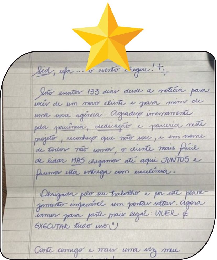Bilhete manuscrito de agradecimento recebido por Sidnéia Sá